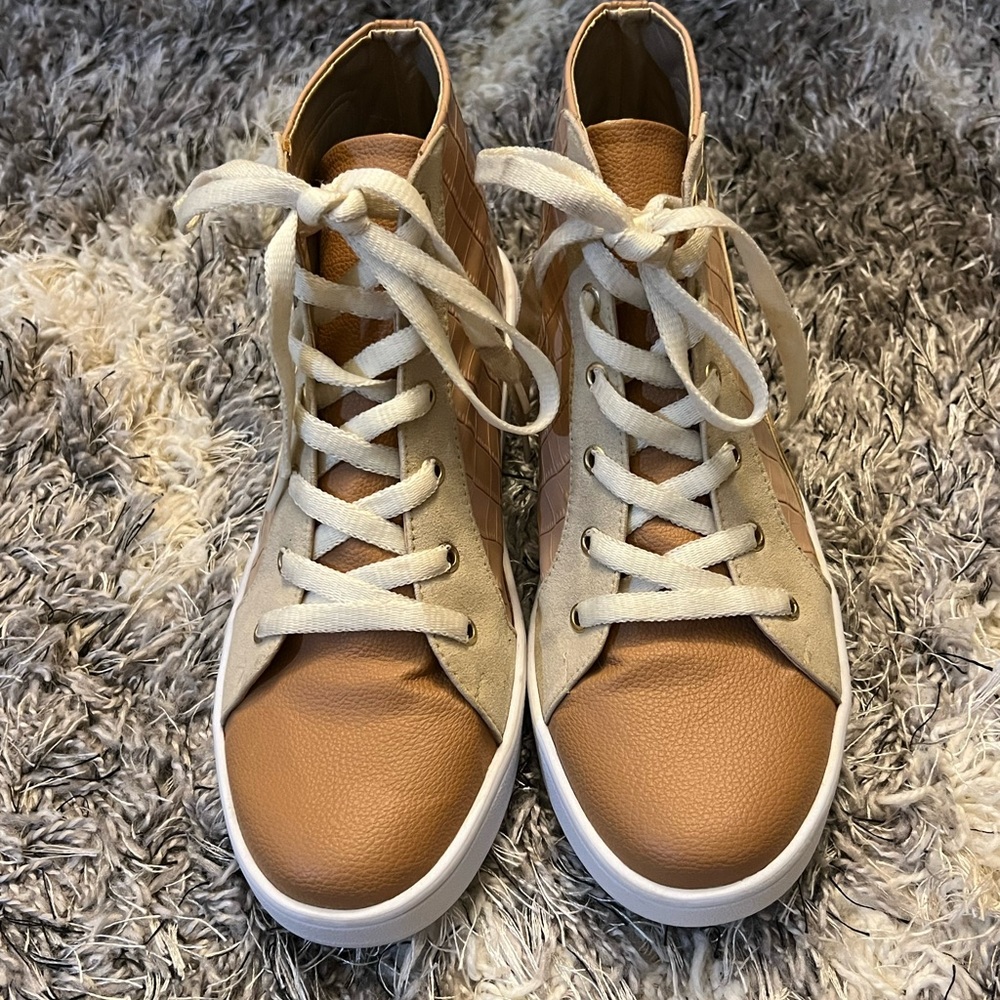 MKS  Tan and Cream High-Top Sneakers